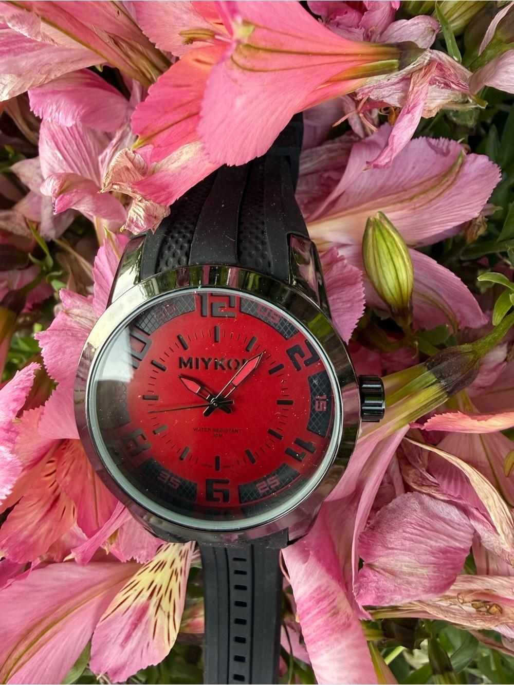 #111 MIYKON  Bold Red and Black dial with Black Band Men's Sport Watch